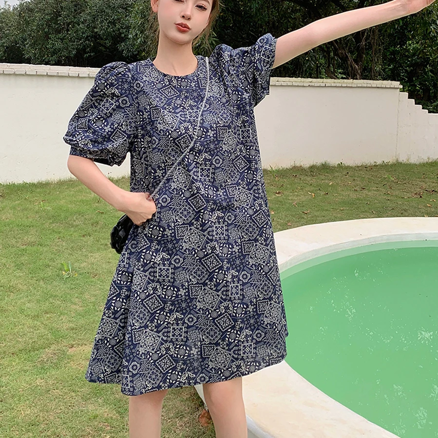 

vintage graphic print O-neck short Dress Women Summer harajuku Puff Sleeve blue mini Dresses Fashion Party Ladies bodycon dress
