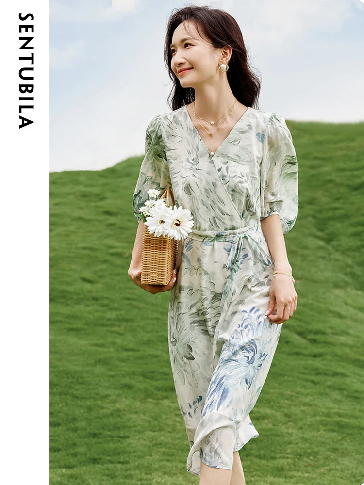 

SENTUBILA Women's 100% Mulberry Silk Floral Print Dress 2023 Summer Elegant V-Neck Lantern Sleeve Beach Midi Dresses 132L50179