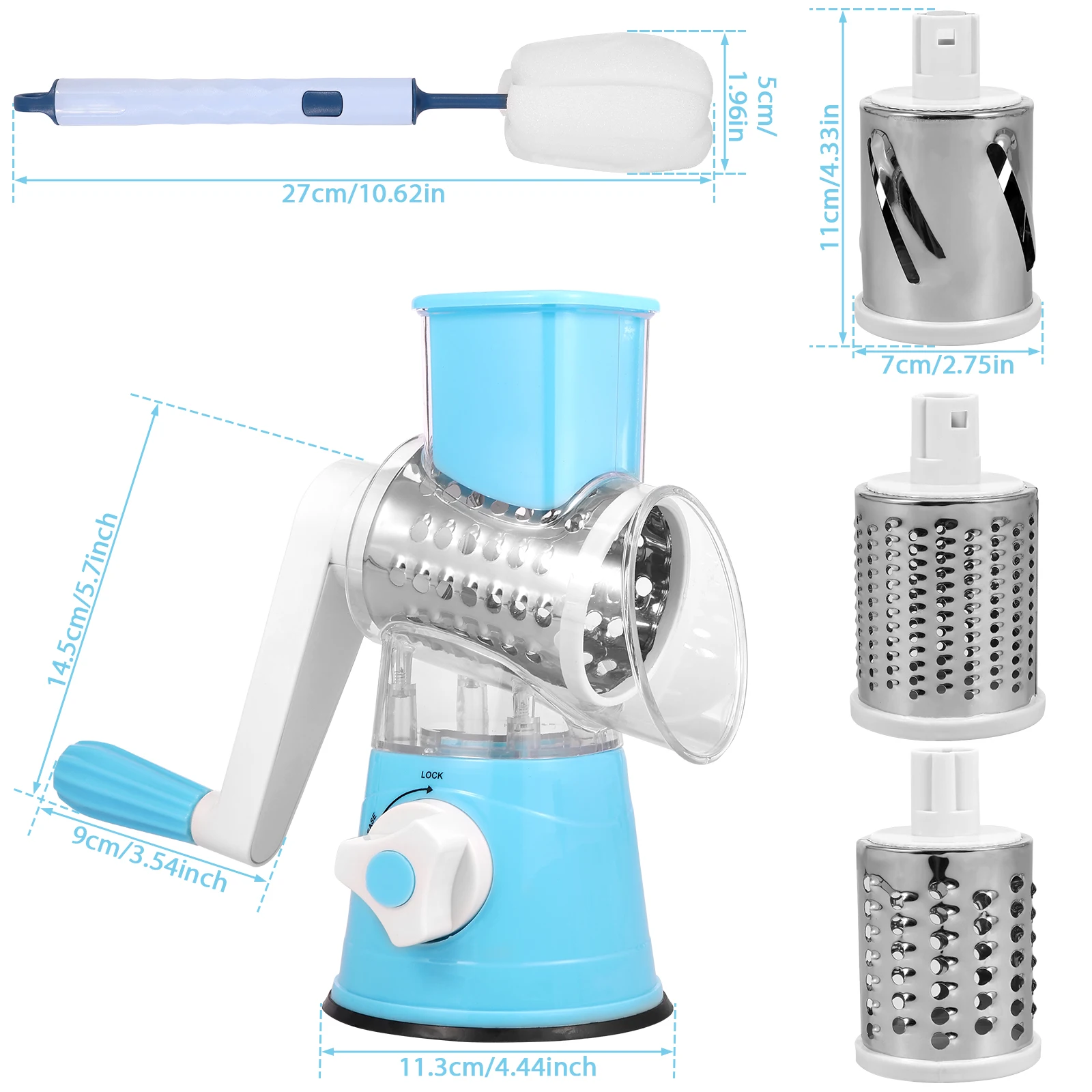 Rotary Cheese Grater, Kitchen Vegetable Slicer with 3 Interchangeable  Blades