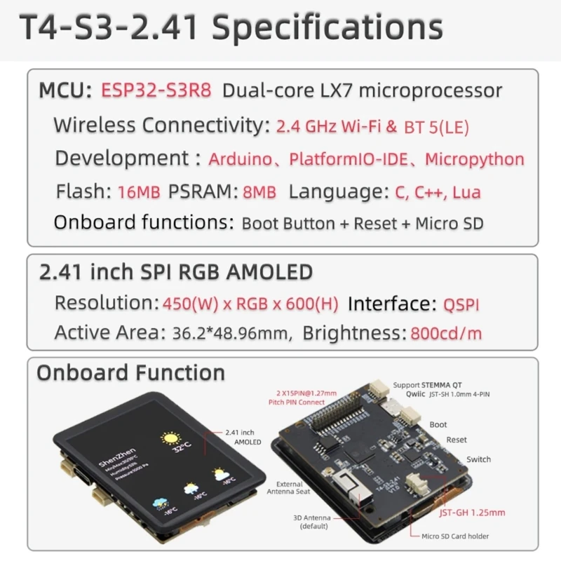 T4-S3 ESP32S3 2.41ġ AMOLED ÷   WiFi,2ھ μ WIFI