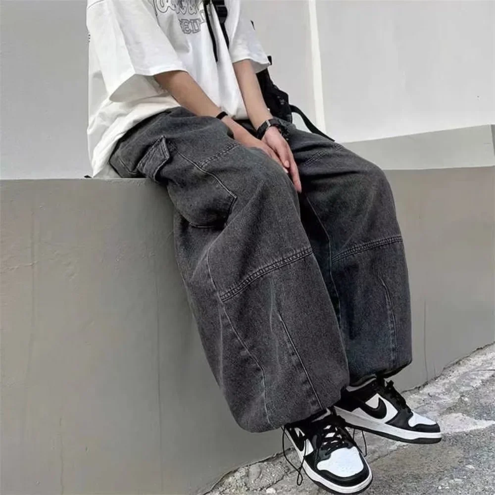 

Spring Autumn Trousers Baggy Jeans for Men Wide Leg Pants Pockets Elastic Waist Streetwear Loose Comfortable Pants