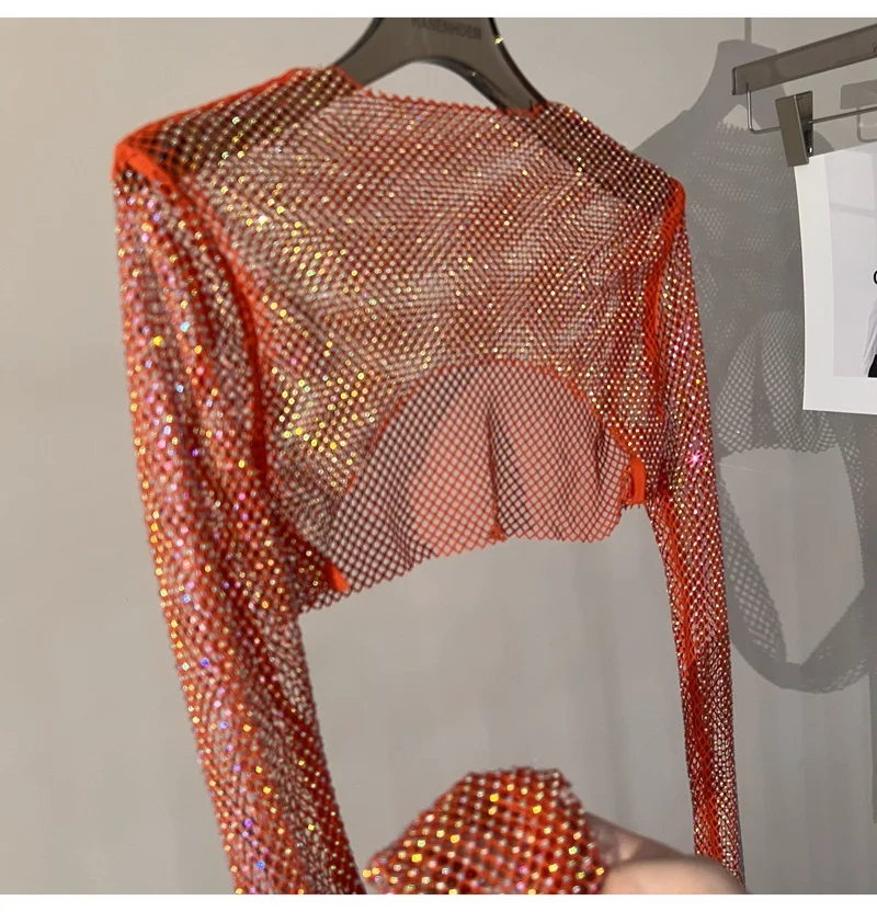 2025 New Summer Sexy Bright Diamond Short Thin Tops Slim Hot Drill Long-sleeved T-shirt Sexy Leak Waist Blouse