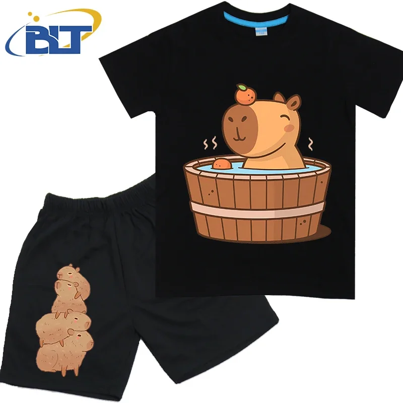 Capybara in hot tub printed kids T-shirt set summer pure cotton short-sleeved shorts 2-piece set for boys and girls