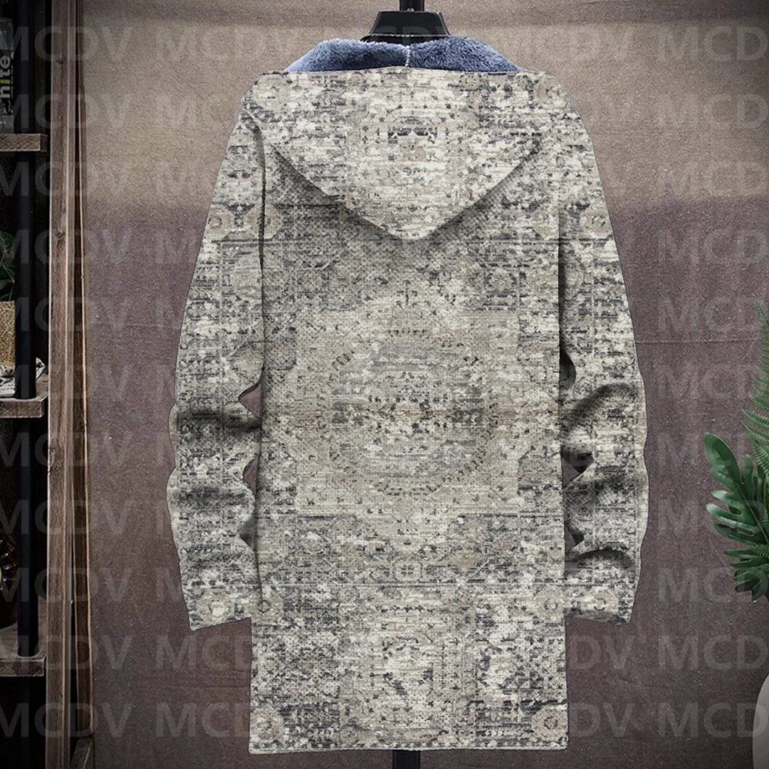 Men's Retro Flower Print Plush Thick Long-Sleeved Coat Fleece Hooded Overcoat Men Thick Warm Jacket-12 style