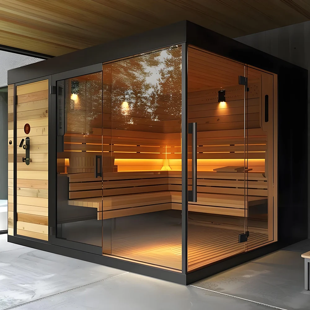 ห้องซาวน่าอินฟราเรดกลางแจ้งสุดหรูแบบดั้งเดิมสำหรับ 4 คน และห้องอบไอน้ำ 1