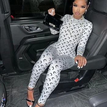 Retro Jumpsuit Women Sexy Slim Fit Moon Print Long Sleeve Tight Leggings Round Neck Versatile Casual Wear Autumn Fashion 1