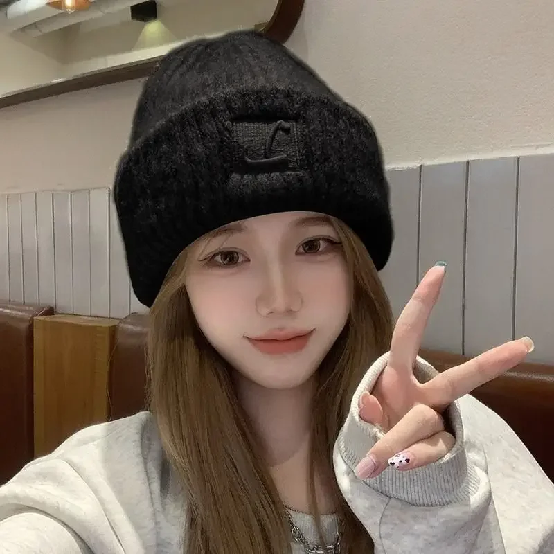 

Beige Knitted Hat Women's Winter Small Pile Big Headed Woolen Hat Autumn and Winter Ear Protection Warm Hat