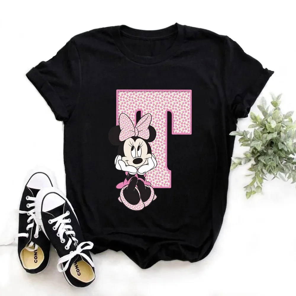 thumbnail image 1 of Camisetas de algodón de manga corta de verano para niños, camiseta rosa con letras de Minnie Mouse, fuente ABCDEFG, divertida y bonita para niño y niña, 1 of 5