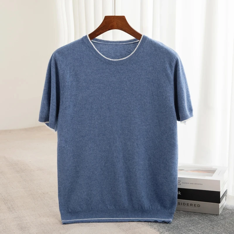 New hot selling men's O-neck short sleeved sweater T-shirt casual business knitted men's pure wool pullover sweater