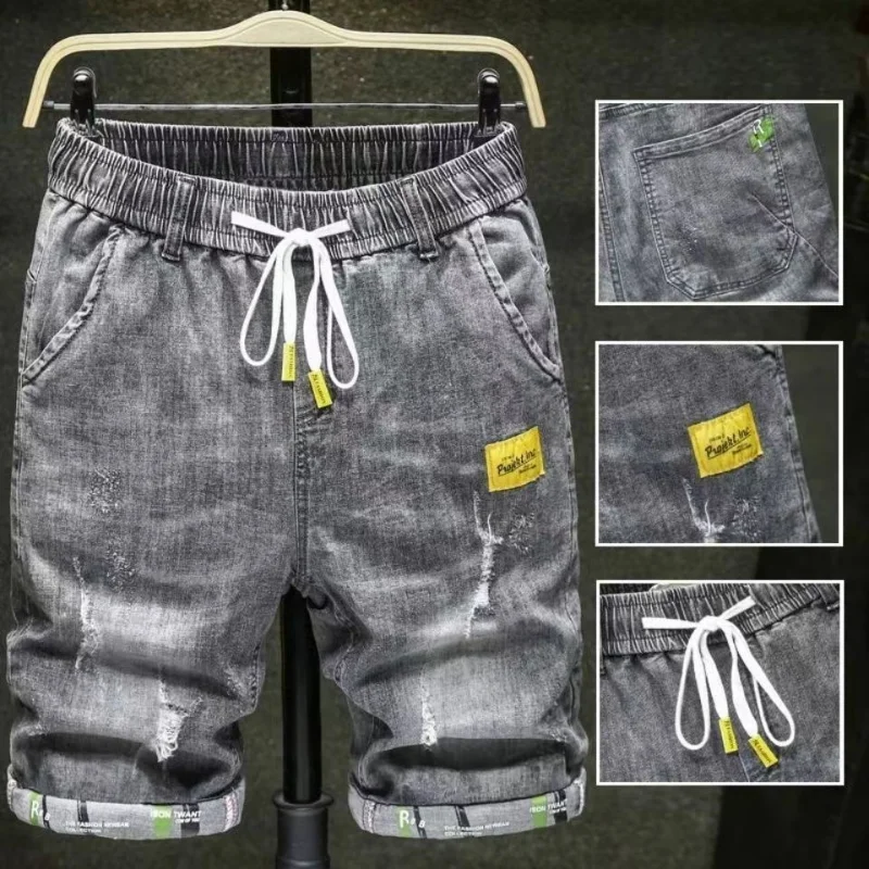 thumbnail image 1 of Pantalones vaqueros rectos cortos para hombre, tendencia 2024, pantalones cortos vaqueros delgados Y2k para hombre, anchos, groseros, moda coreana, holgados, desgastados, retro, de diseñador, 1 of 5