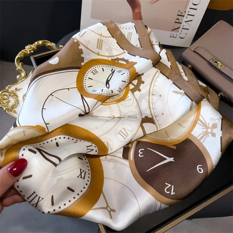 Uhr Muster Luxus Quadratische Schals Damen Satin Schal Bandana Halstuch Krawatten Haarbänder Taschen Foulard Schal – Detail 17