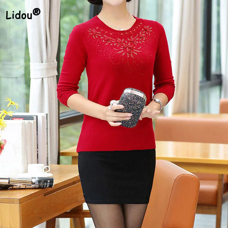 

Elegant Temperament Diamonds Solid Women's Sweaters Autumn Winter Warm Fashion Half High Collar Knitted Tops Female Clothing