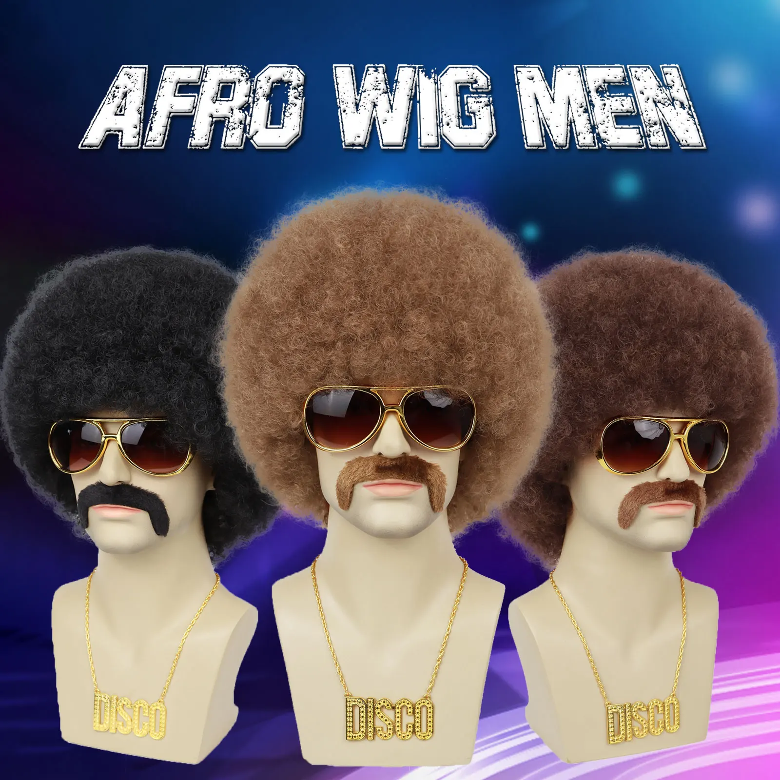 5pcs Set Mens Synthetic Afro Puff Wig for 70s 80s Rocker Disco Party Halloween Costume Cosplay Party Use