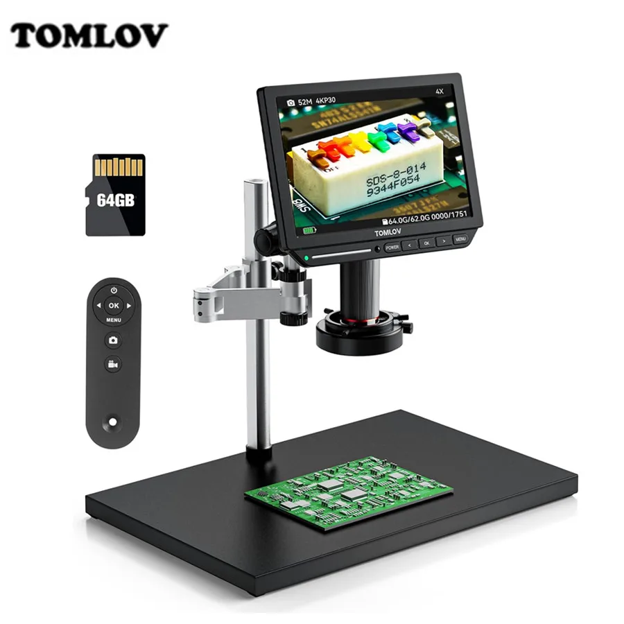 

TOMLOV 4K Digital Microscope For Soldering TM4K Flex Arm 2000X HDMI Microscope Electronics Repair 10" LCD Coin Microscopio 64GB