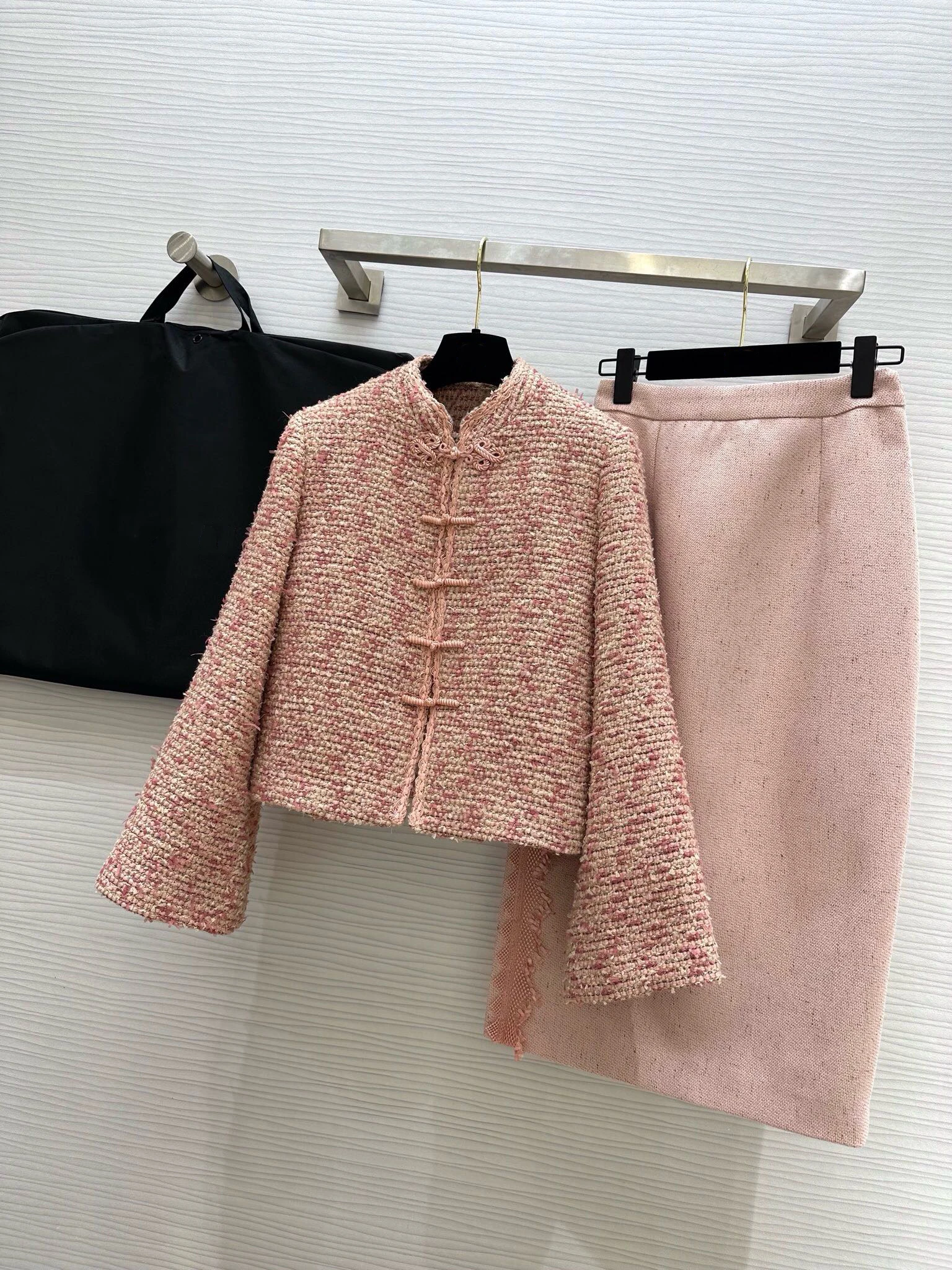 

EVACANDIS High Quality Women New Pink Tweed Single Breasted Coat and Midi Skirts Sets Chinese Style Elegant Chic Office Lady