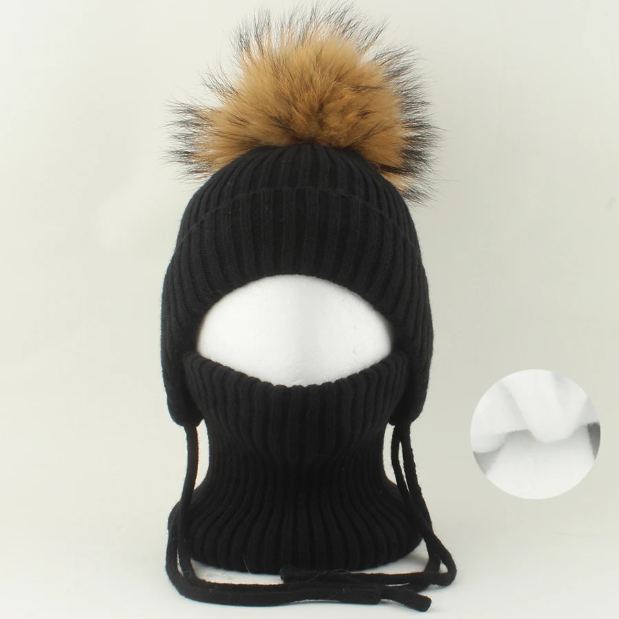 Baby Hut Hals Set Echt Waschbären Pelz Pompom Kinder Mädchen Junge Winter Warme Fleece futter Wolle Gestrickte Mützen Kinder Kappe Im Freien – Detail 11