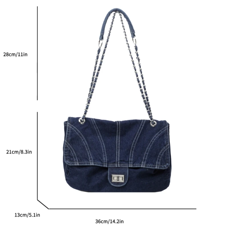 Fashion Denim Shoulder Bag with Large Capacity, Chain Strap