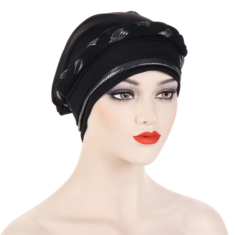KepaHoo Muslim Women Braid Turban Cap Islamic Head Wraps Pre-Tied Hijab Bonnet Femme Musulman Stretchy Hair Cover Indian Hat 2