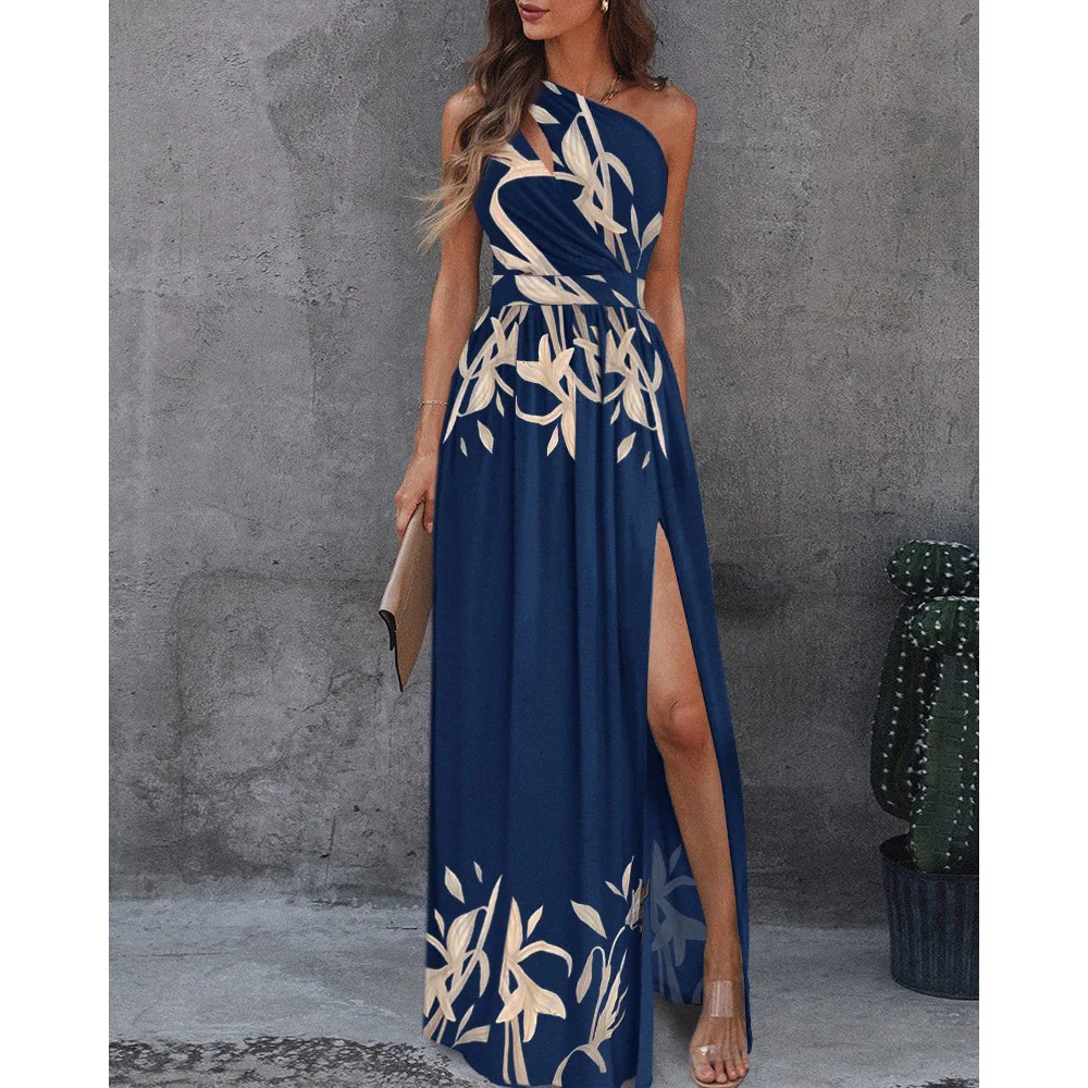 

2023 Spring and Summer Women's Oblique Shoulder Hollowed Out High Waist Temperament Commuter Print Slit Large Swing Dress