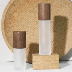 Premium Refillable Glass Roller Bottles with Natural Bamboo Lids - 5ml & 10ml Amber & Clear Vials - 1 bottle (Amber w Walnut)