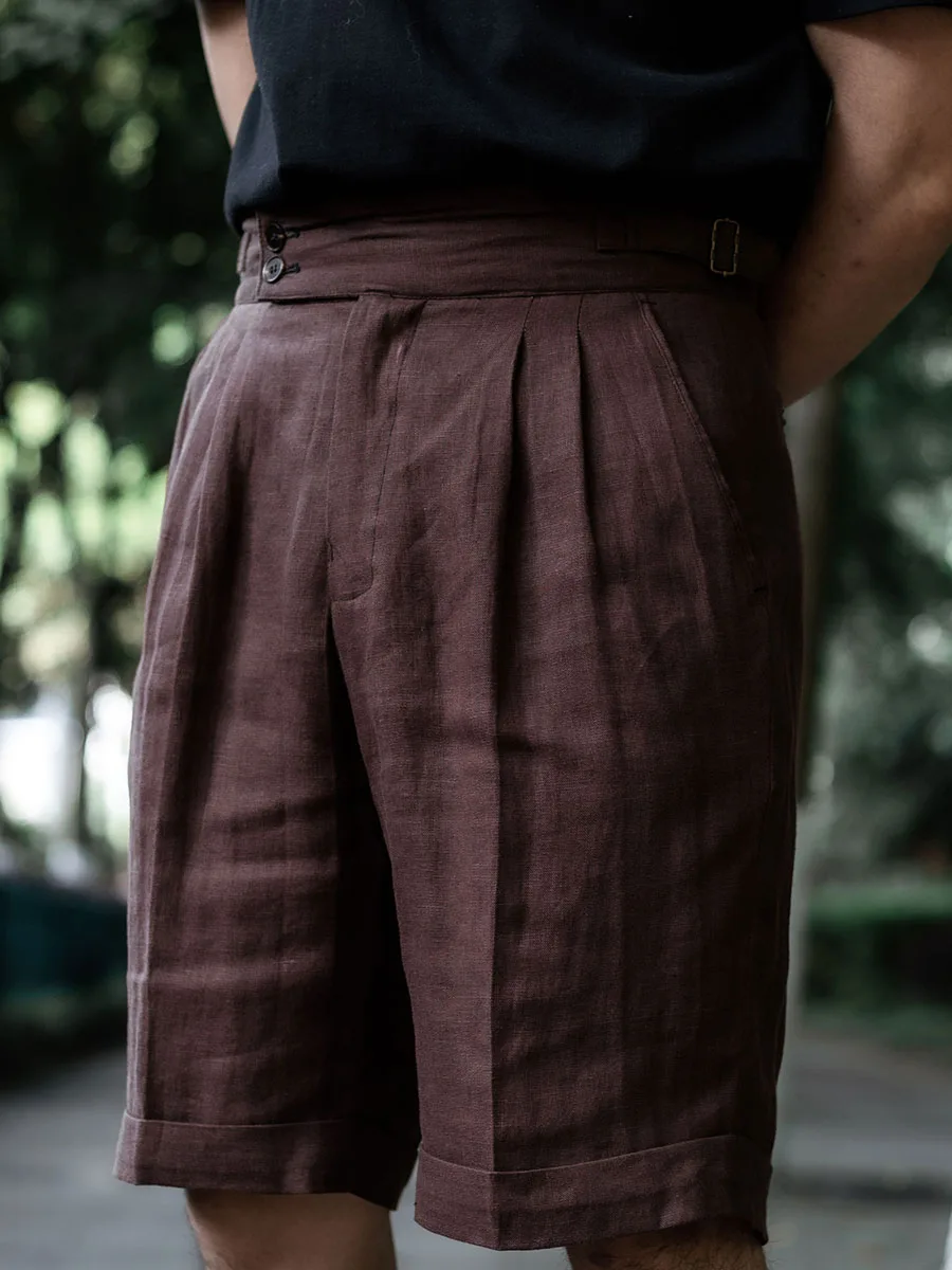 POT&CRAFTSMAN ilkbahar ve yaz İtalyan gündelik beş dakikalık şort erkek saf keten yüksek belli Paris düğmeli gevşek Çin pantolonu
