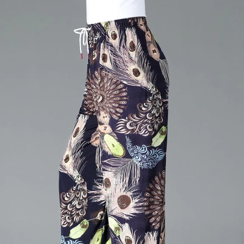 Autumn and Winter Women's High Waist Printing Drawstring Patchwork Elastic Loose Fashion Casual Elegant Commuter Wide Leg Pants