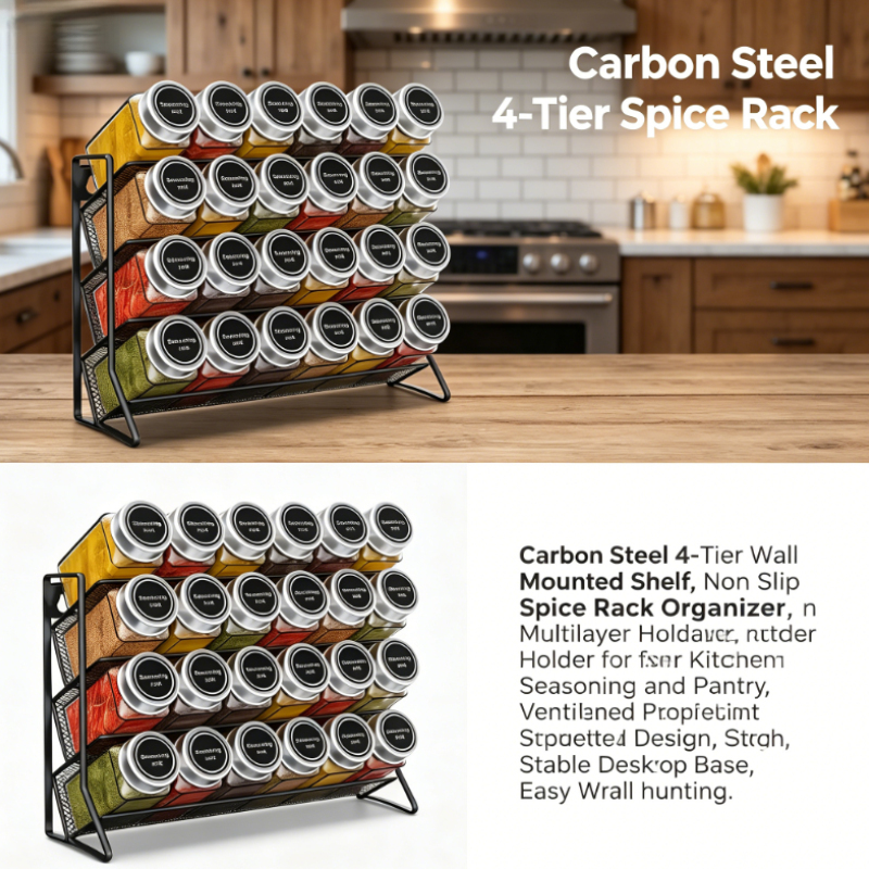 4-Tier Wall Mounted Carbon Steel Spice Rack, Non Slip Multilayer Shelf, Kitchen Seasoning Pantry Organizer for Household Storage