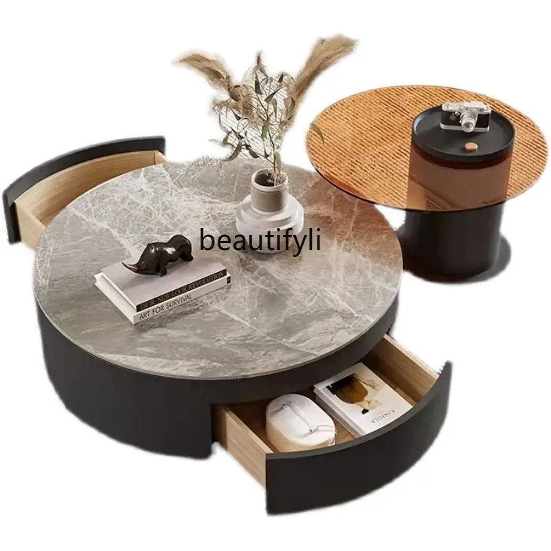 

zq Stone Plate round Tea Table Simple Nordic Creative Tempered Glass Home Living Room Side Table Combination