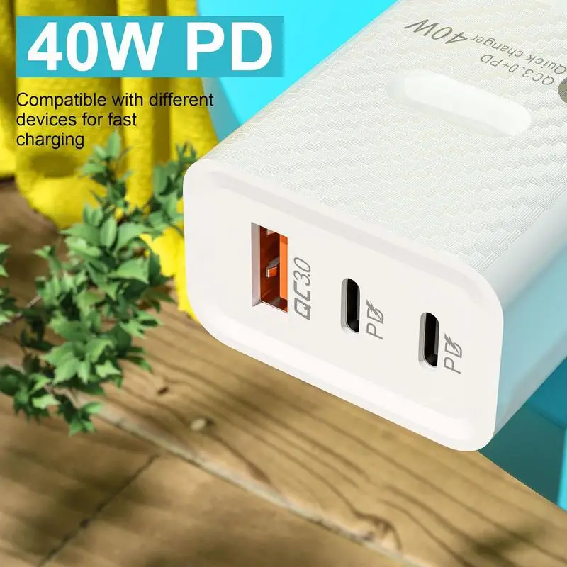 Phone Charger Block Travel Charger Charging Block Type C Adapter 40W Travel Plug Adapter Fast Charging 3-Port Wall Charger For