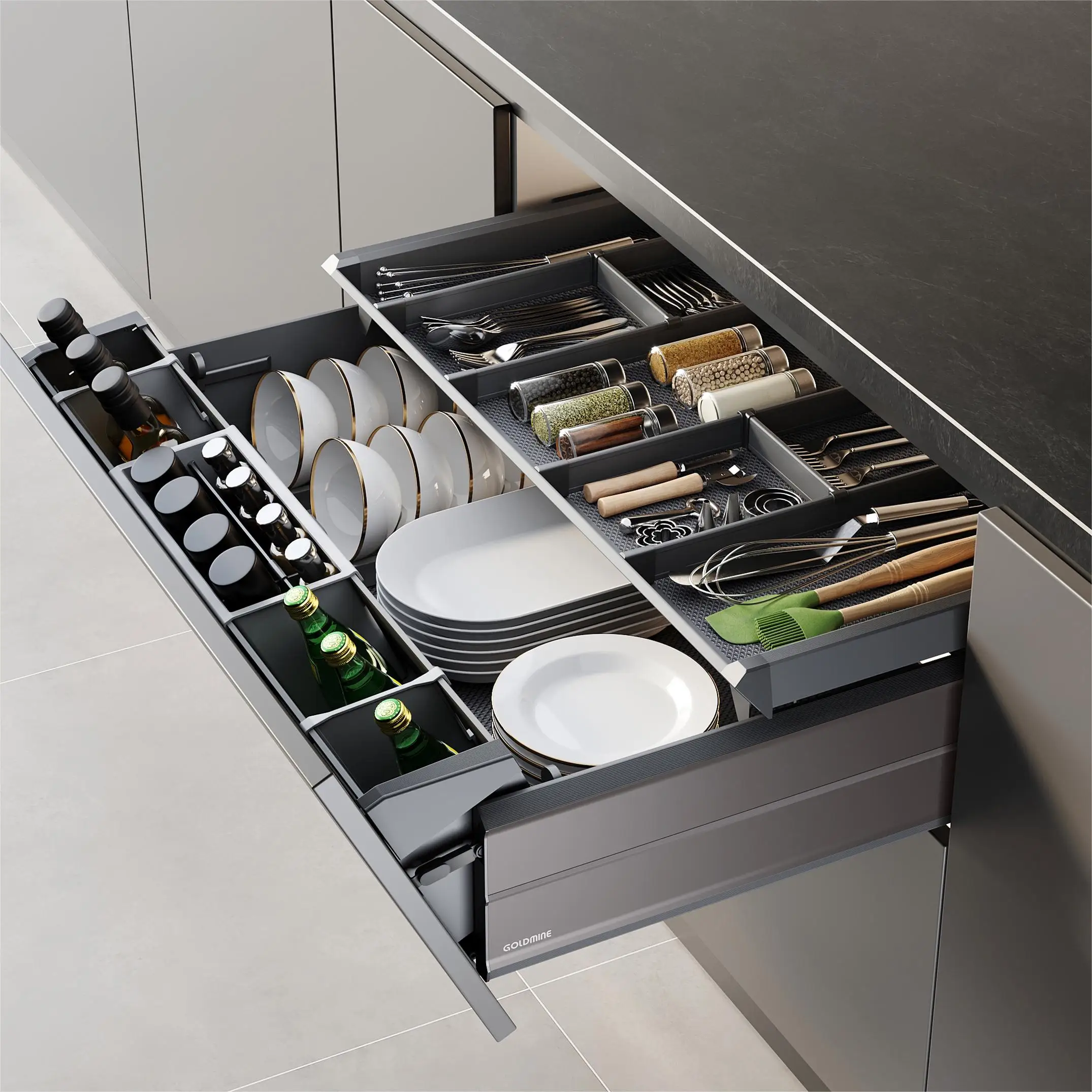 Goldmine Big Storage Pull Out Cabinet Organizers Aluminum Slide Out Pullout Baskets Drawers 2 Tiers Sliding Shelves For Kitchen