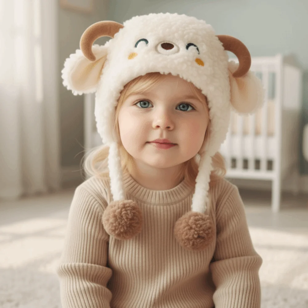 Cartoon Lamb Beanie Caps Thickened Kawaii Children's Pullover Hats Keep Warm Windproof Baby Ear Protection Hat Autumn and Winter