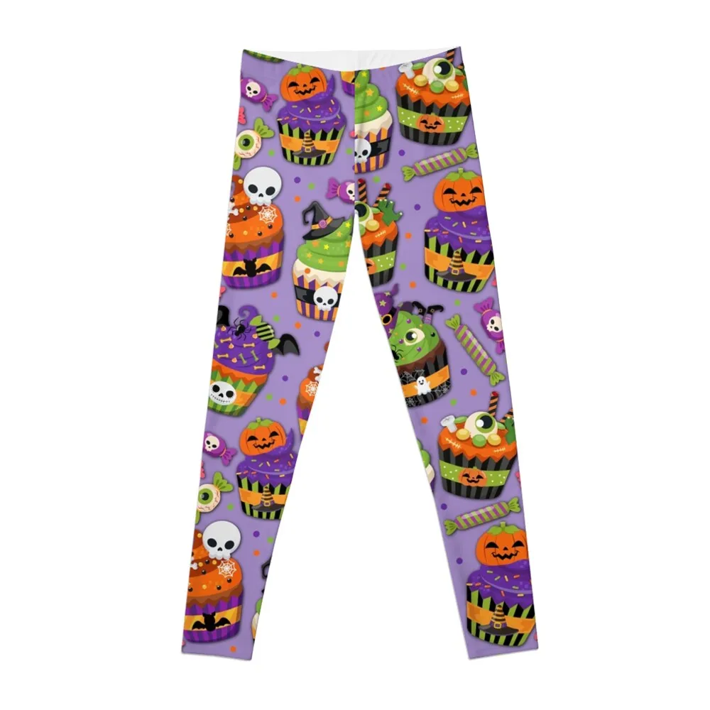 

Creepy Cupcake and Candy Halloween Pattern On Purple Leggings Training pants Leginsy push up Womens Leggings