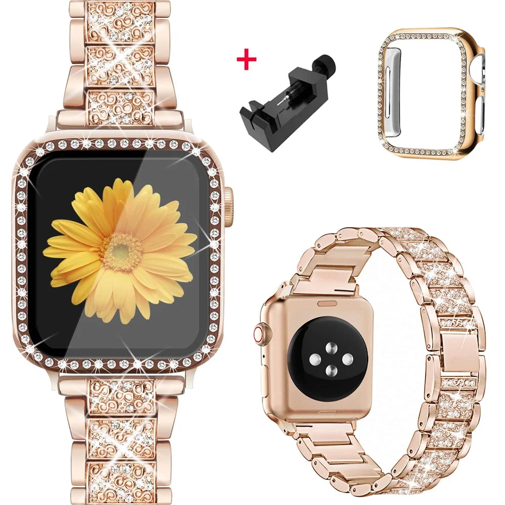 

For Apple Watch Band 42mm 38mm 40mm 44mm Women Diamond Strap+Case For iWatch SE Series 7 6 5 4 3 Se Stainless Steel Bracelet
