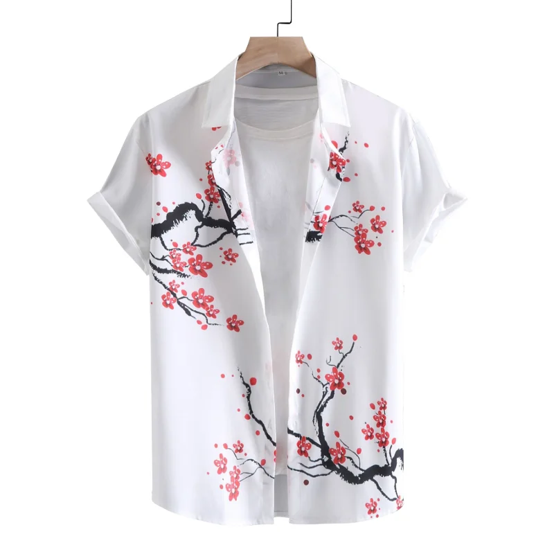 

Camisa de manga corta con estampado de flores de ciruelo para hombre, camisa de playa con pintura de tinta informal