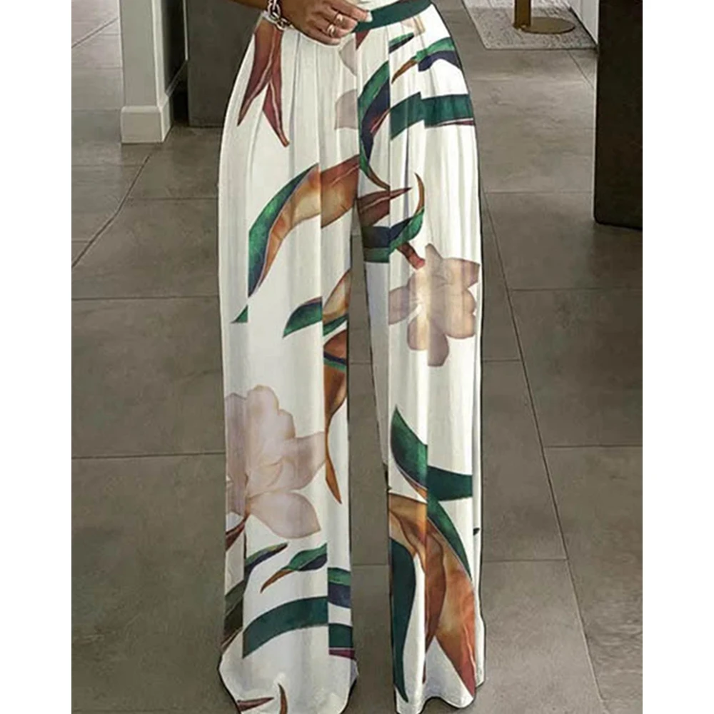 Women's Summer Casual Beach Sleeveless V-neck Floral Print Wide Leg Jumpsuits Femme Elegant Slim Teddies Office Lady Party Gowns