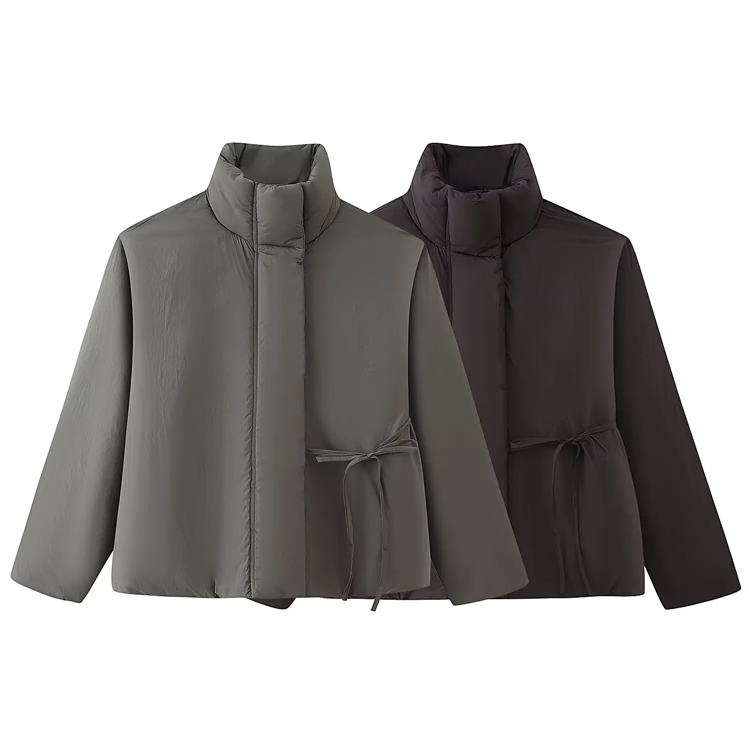 HH Damen Loser Einreihiger Mantel mit Reißverschluss, Einfarbig, Lange Ärmel, Taschen, Winter-Stehkragen, Schnürung, Warm Gefüttert – Detail 2