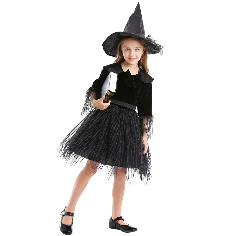 

Small Witch Costume with Pointed Hat Girl Black Legendary Dark Witch Cosplay Costume For Halloween Party Dress Up