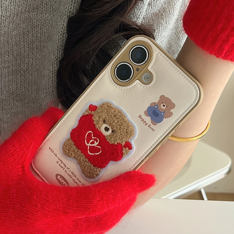 Embroidered Love Heart Bear Leather Drum Bag Case For iPhone 16 Pro Max 15 13 14 Soft Phone Back Cover