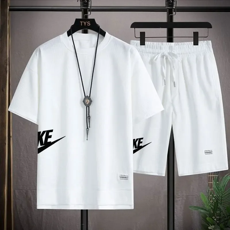 

2024Summer Men's Waffle Sets Casual T-Shirt And Shorts Set Male Sports Suit Solid Color Tracksuit Loose Suits Size 3XL