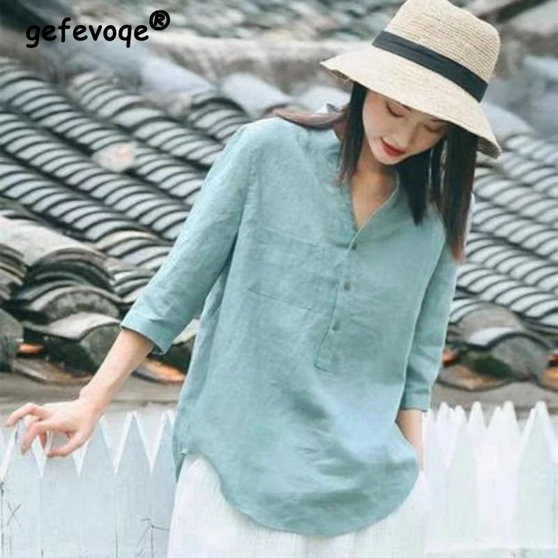 Summer New Ethnic Style Cotton Linen Pullover Shirt Ladies 3/4 Sleeve Comfortable Solid Color Top Women Literary Vintage Blouse 36k magnetic buckle book literary youth vintage exquisite notes full color handbook notebook 224 pages notebooks for students