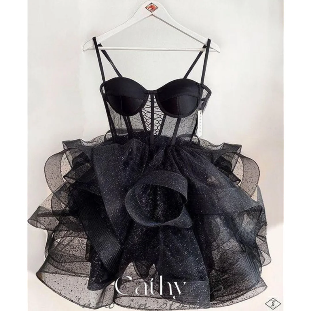 

Cathy Black Spaghetti Strap Cocktail Party 3D Mini Tulle فساتين السهرة Sexy Sleeveless Lace-up Back Summer Vestidos De Noche