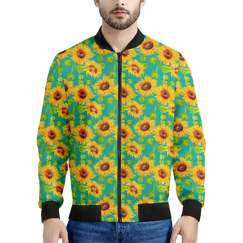 thumbnail image 1 of Chaqueta con cremallera y estampado 3D de girasoles para hombre, sudaderas con capucha y estampado floral de plantas, abrigos de gran tamaño de manga larga para la calle, 1 of 5