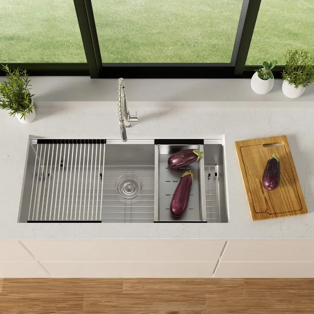 36 inch Workstation Kitchen Sink,Undermount Deep Single Bowl, 16 Gauge Stainless Steel with Integrated Ledge