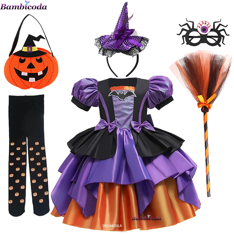 Girls Fancy Pumpkin Halloween Dress Kids Cosplay Bat Print Witch Costume Festival Party Ball Gown Children Princess Dress cosplay costume kids girls dress halloween dress outfit