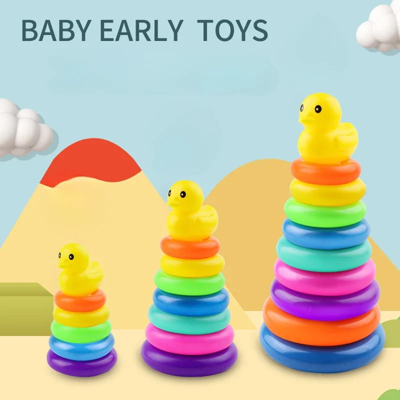 Baby Rolling Ball Tower Puzzle Games Rainbow Tower Ring Small Yellow Duck Babies Stacking Track Baby Development Toys 0-3 Years