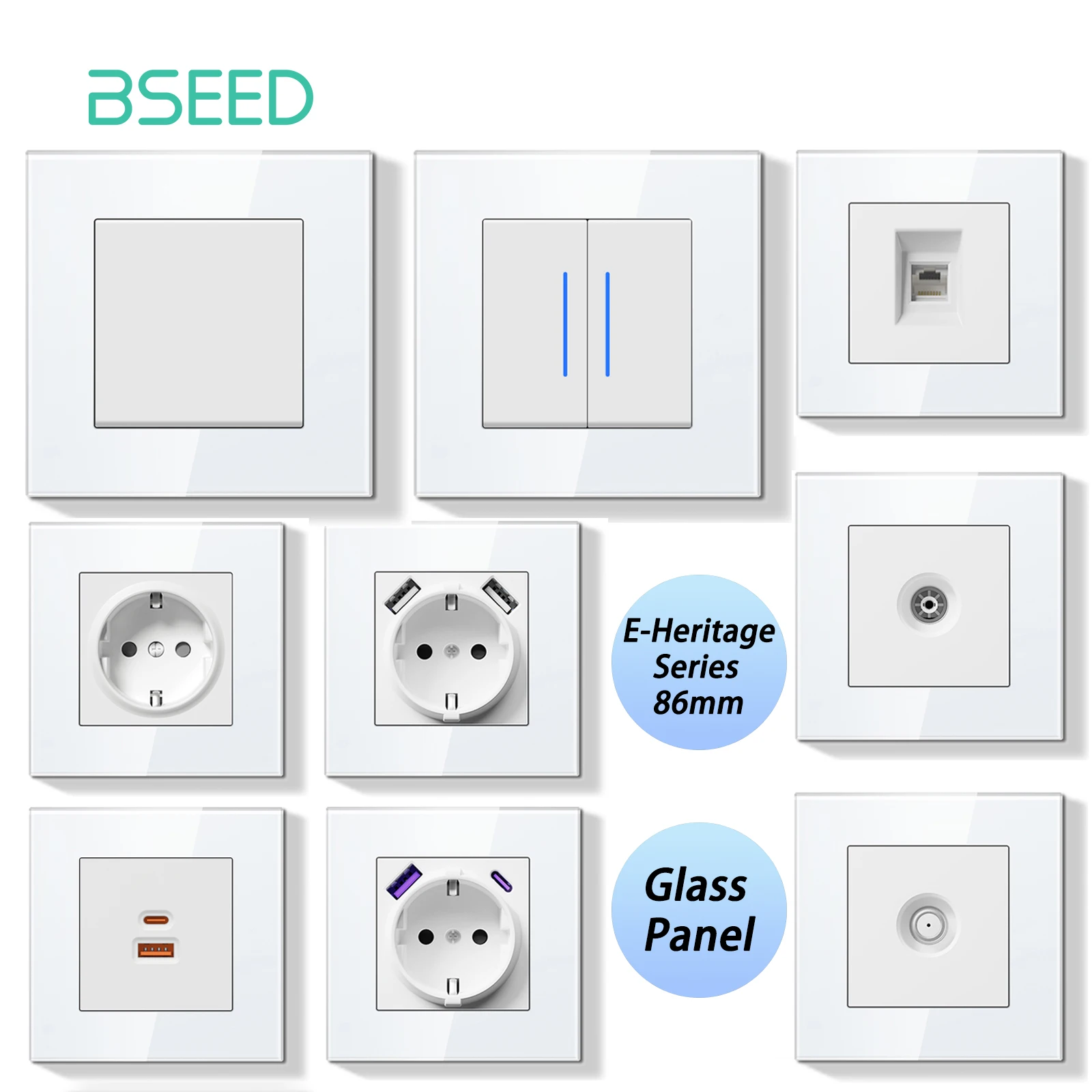BSEED E Series ปุ่มสวิทช์ 1/2 Gang สวิทช์ไฟผนัง EU ซ็อกเก็ต ST ซ็อกเก็ตทีวีแผงกระจกสวิทช์ไฟ LED 1
