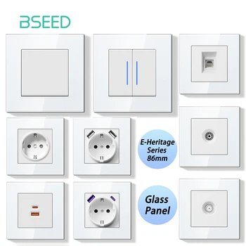 BSEED E Series ปุ่มสวิทช์ 1/2 Gang สวิทช์ไฟผนัง EU ซ็อกเก็ต ST ซ็อกเก็ตทีวีแผงกระจกสวิทช์ไฟ LED 1
