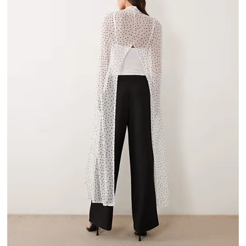 Womens High Low Polka Dot/Solid Color Sheer Cover-ups Summer Holiday Mockneck Cape Blouse Female Jacekt Long Party Shawl Ponchos 6