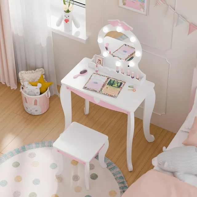 19747-e468d7.jpg MU Kids White Vanity Set w/ Lighted Mirror & Stool,Makeup Desk, Storage,Wing Pattern – Toddler Princess Dressing Table for Girls
