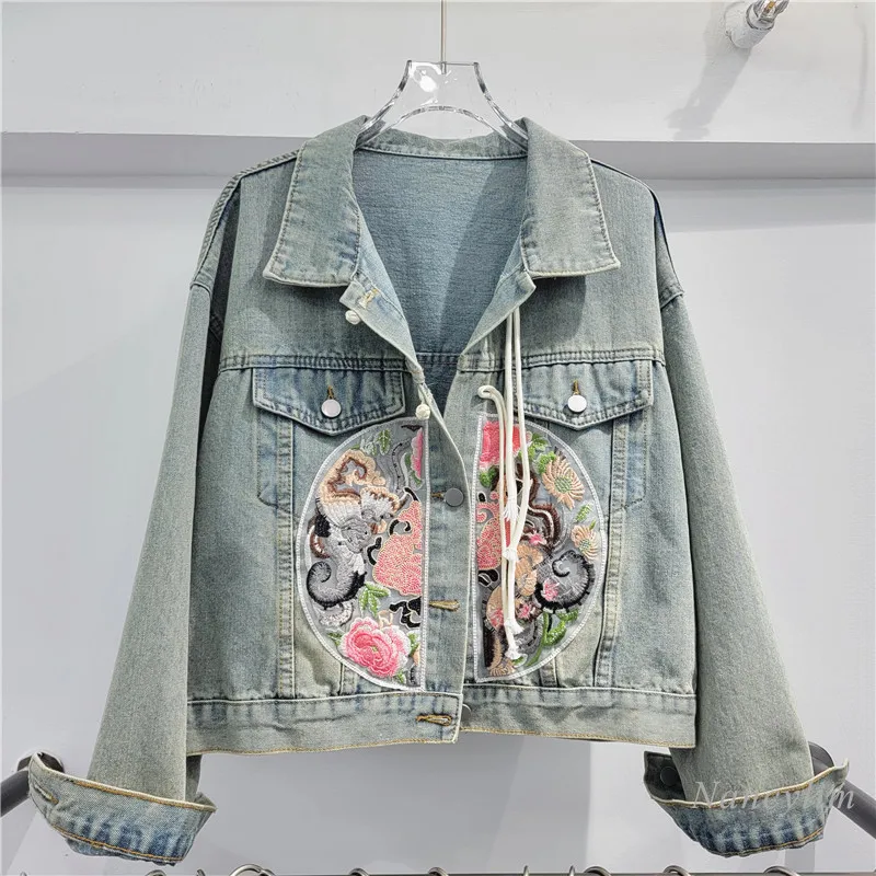

New Chinese Style Buckle Denim Coat Women's Early Spring Retro Machine Embroidery Small Cropped Jacket Street Coats